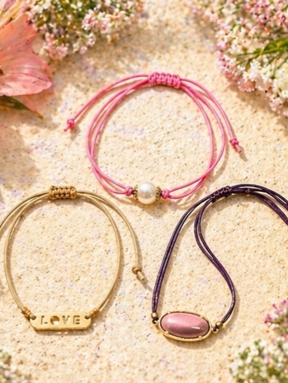Leather Cord Bracelet Stack Set • Pearl + LOVE + Purple Glass • Adjustable